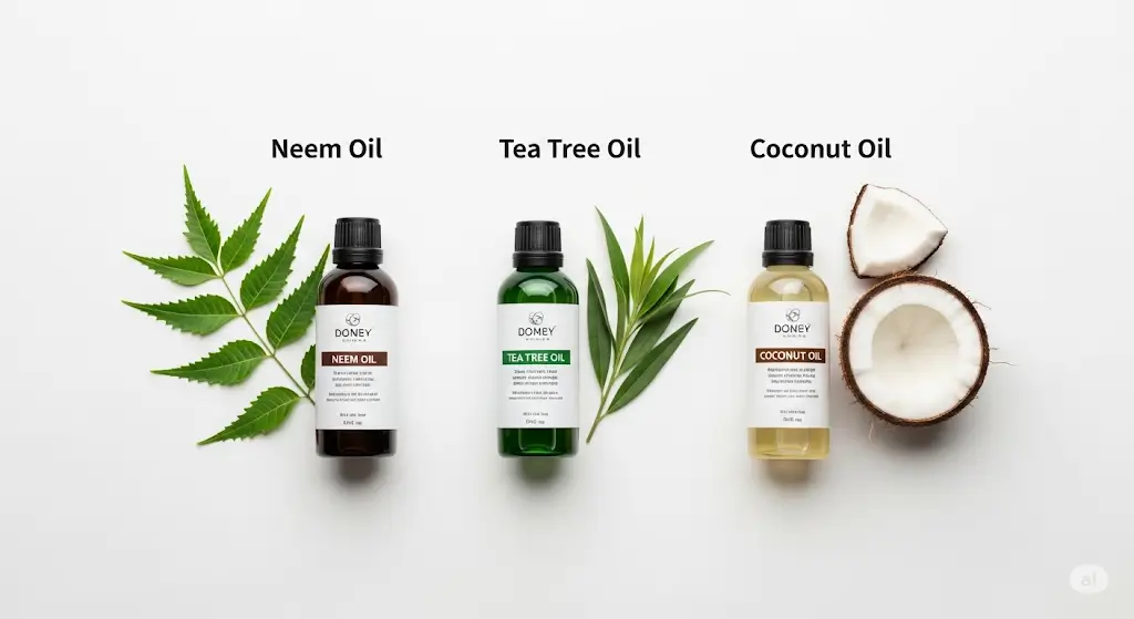 Best oil for lice in hair: Neem oil, Tea Tree oil, and Coconut oil bottles.