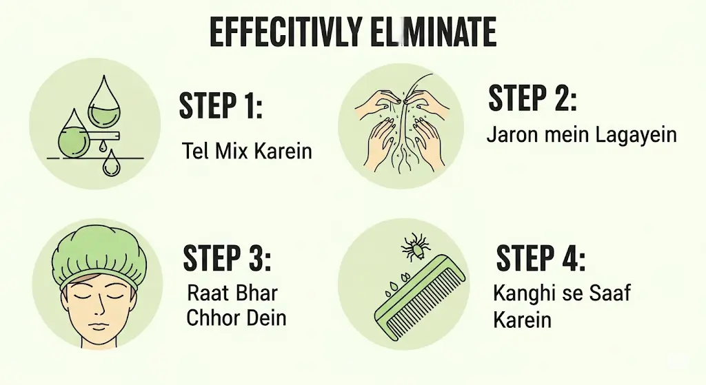 A 4-step infographic showing how to use hair oil for lice treatment at home.