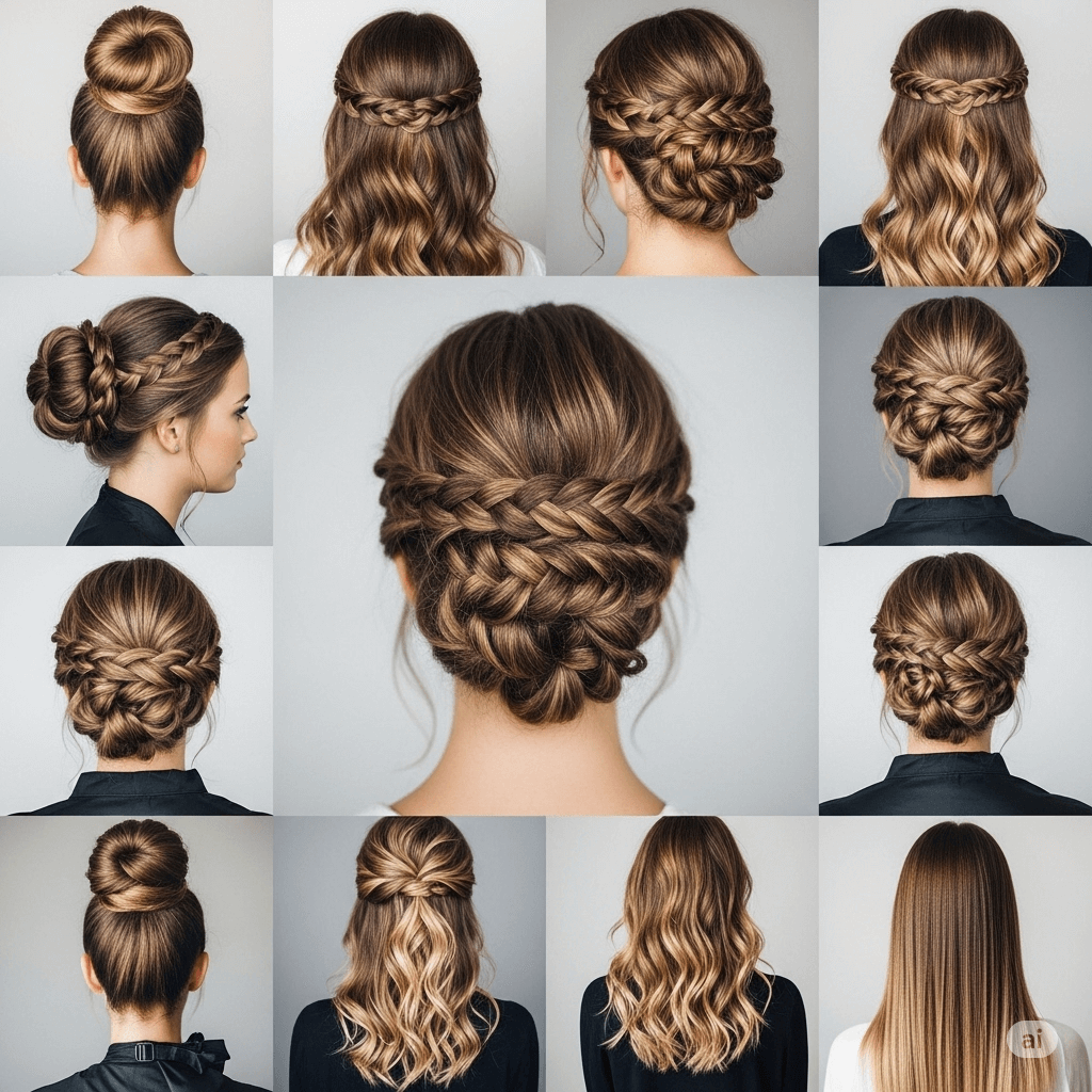 A collection of elegant and modern hairstyles including buns, braids, and updos, created by the expert stylists at Rang-e Mubina.