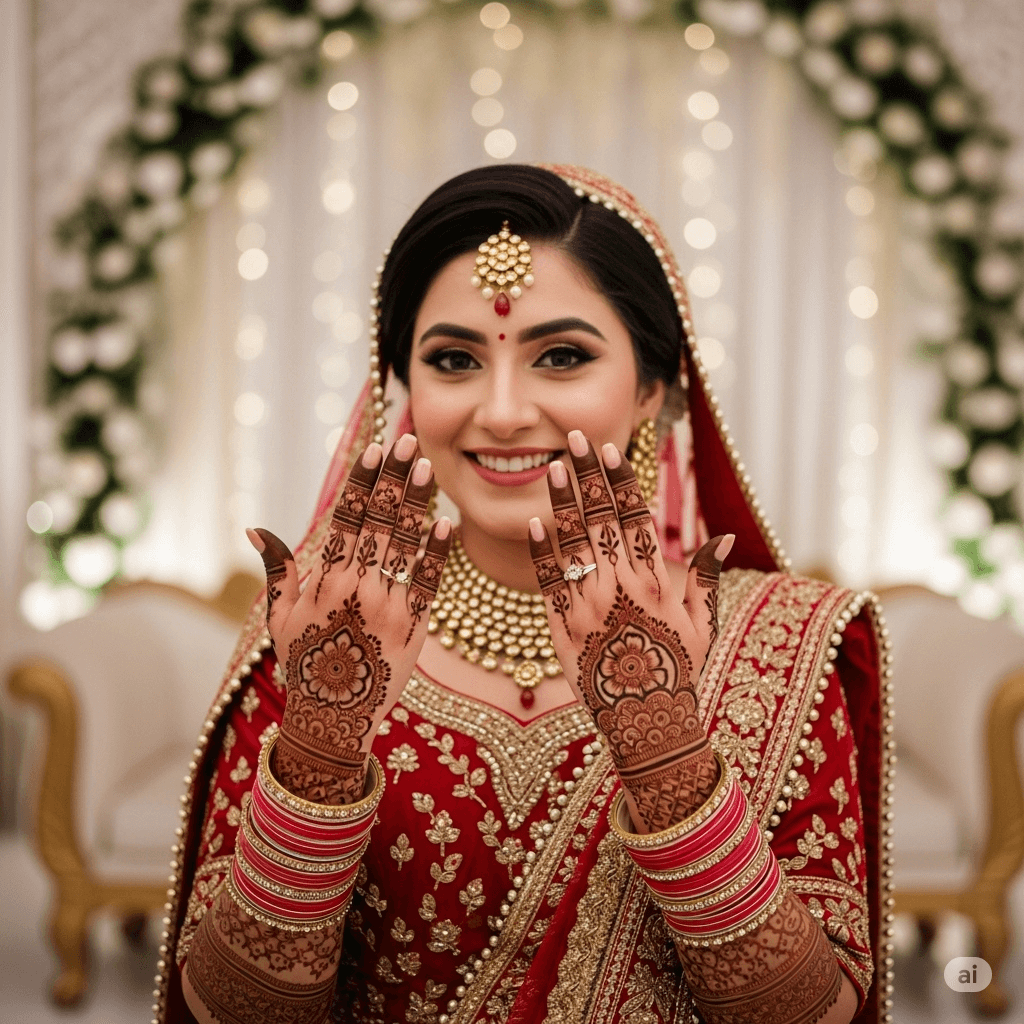 Happy bride showing her intricate henna design and beautiful makeup by Rang-e Mubina