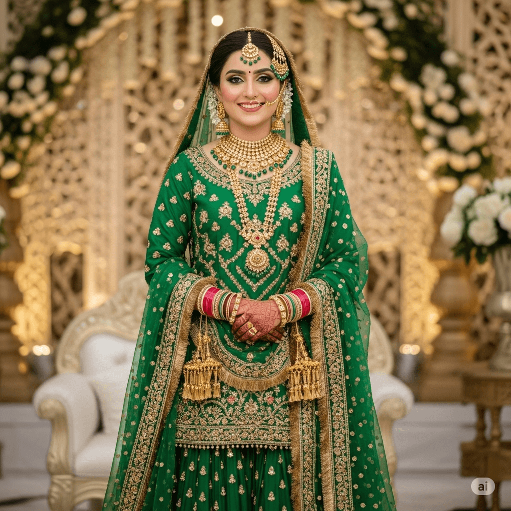 Pakistani bride in a beautiful green dress with traditional gold jewelry, styled by Rang-e Mubina.