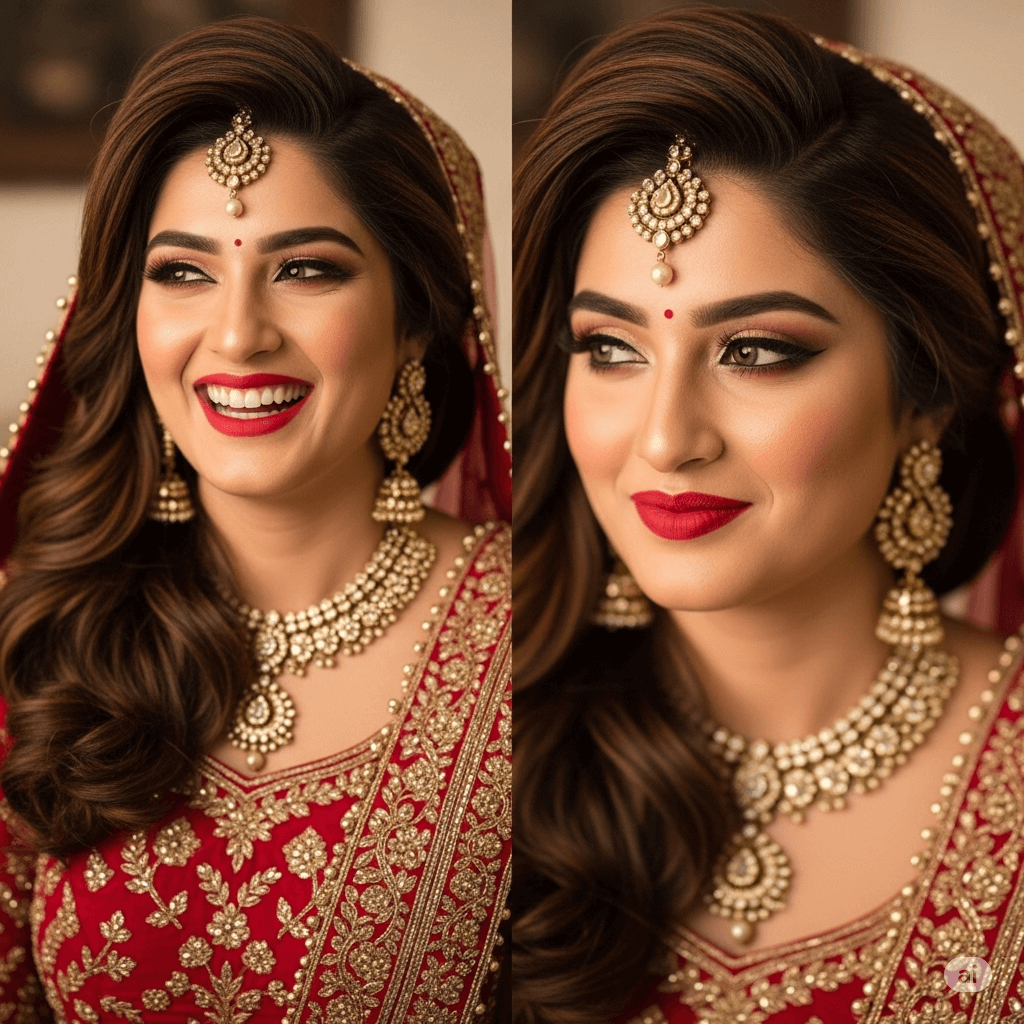 Two smiling brides in traditional red and gold bridal makeup and jewelry by Rang-e Mubina.