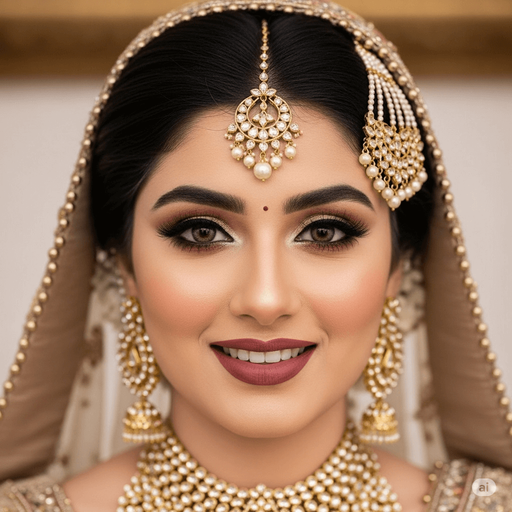 Close-up of a beautiful bride with flawless smokey eye makeup and traditional jewelry by Rang-e Mubina.