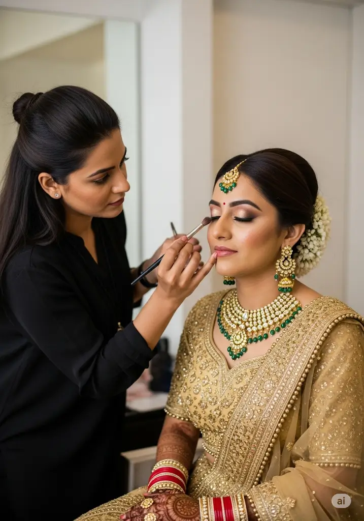 Makeup artist creating a bridal look at Rang-e Mubina in Lahore.