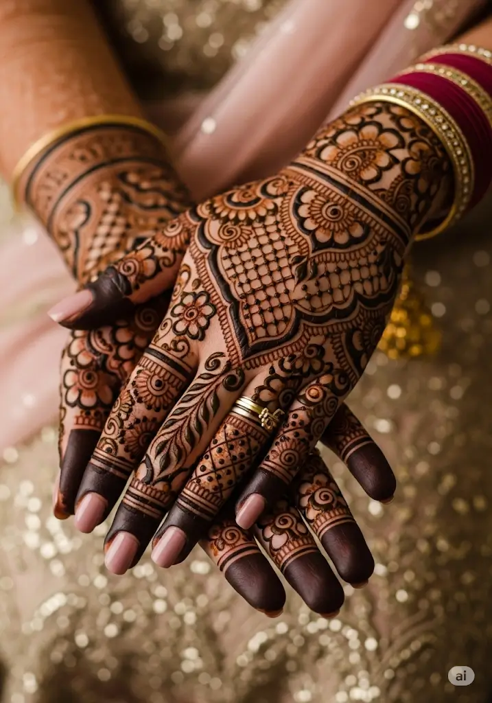Close-up of a bride's hands featuring a beautiful and intricate traditional henna design by Rang-e Mubina.